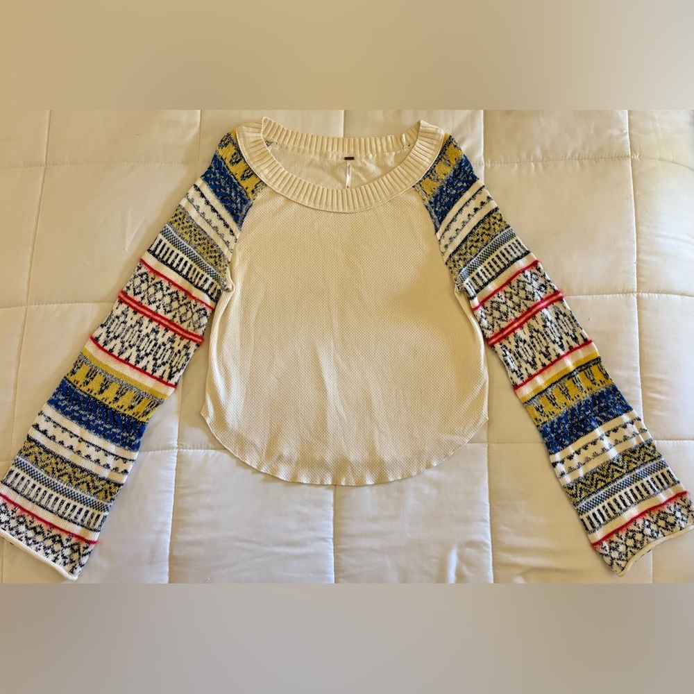 Free People Sweater Fairground Thermal Womens Large Cream Multicolor Knit Boho - Picture 8 of 8